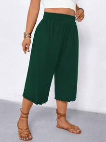 Linhara Plus Size Women Casual Ruffle Hem Wide Leg Capri Pants