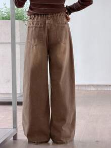 DAZY 少女日常休闲破洞阔腿牛仔裤，带斜插口袋 - 咖啡棕 - 查看 3