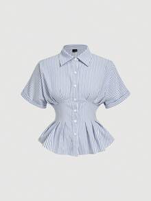 SHEIN MOD Áo sơ mi nữ kẻ sọc cổ điển, bèo nhún eo, thích hợp cho mùa xuân, đi làm, mặc thường ngày, áo công sở, áo sơ mi nữ thường ngày, áo kiểu kẻ sọc. - Xanh và trắng - Xem 2