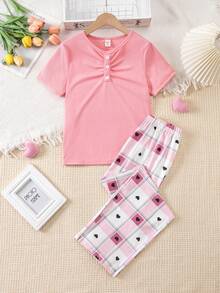 女童甜心格子睡衣套装，粉色罗纹荷叶边短袖 - 粉色 - 查看 1
