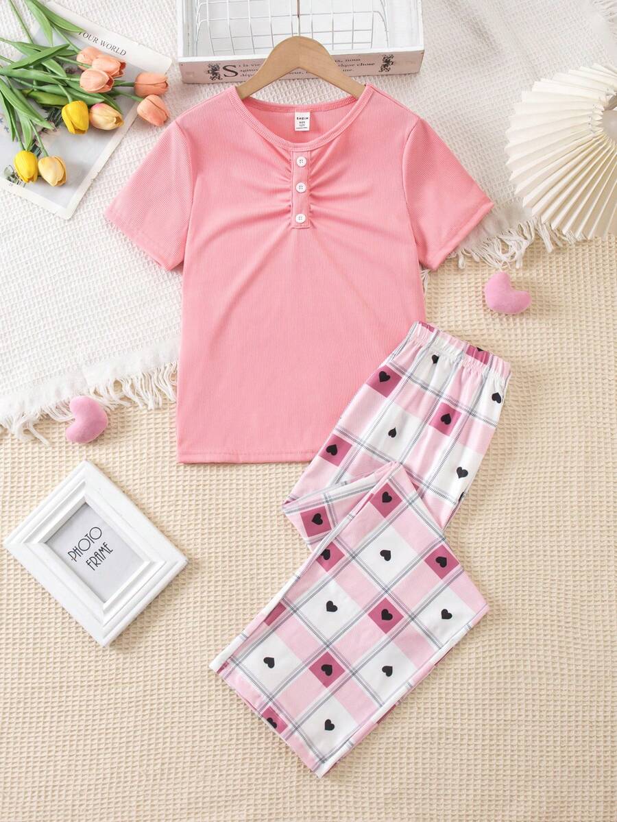 女童甜心格子睡衣套装，粉色罗纹荷叶边短袖 - 粉色 - 查看 1