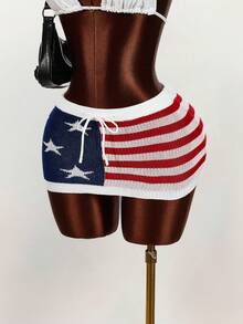 Amplova Star & Stripe Pattern Knitted Mini Skirt, Low Waist - Multicolor - View 1