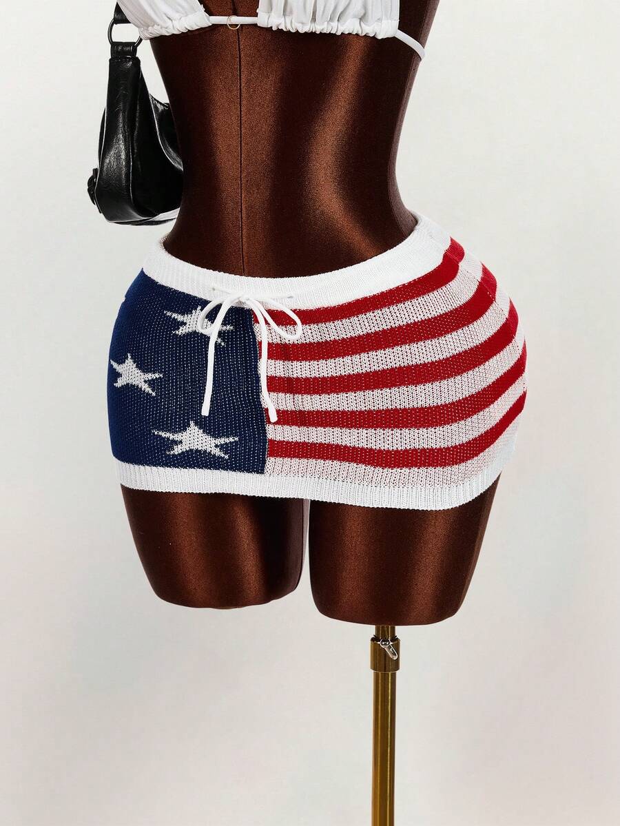 Amplova Star & Stripe Pattern Knitted Mini Skirt, Low Waist - Multicolor - View 1