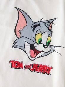TOM & JERRY X SHEIN Bộ đồ ngủ ngắn tay và quần short in hình chữ hoạt hình ngộ nghĩnh dành cho bé trai tuổi teen, phối màu tương phản, thích hợp cho mùa hè. - Xanh và trắng - Xem 5