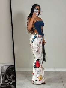 EgrlEra Women's Y2K Butterfly Print Flare Leg Pants - Multicolor - View 4