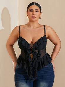 SHEIN BAE Plus Size Women's Black Mesh Ruffled Cami Top,Easter Top,Graduation,Club Sexy,Spring,Summer,Holiday Night,Birthday,Wedding,Vacation,Concert