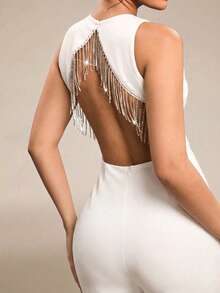 SHEIN BAE 黑色水钻链条连体裤，无袖露背连体裤，阔腿连体裤，优雅女士连体裤，适合晚礼服、浪漫约会、婚礼伴娘、情人节等场合。 - 白色 - 查看 6