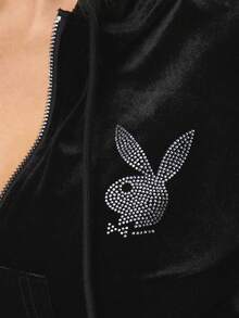 Missguided x Playboy Rhinestone Bunny Logo Zip Up Hooded Velour Tracksuit Jacket With Drawstring Hood For Casual Loungewear - Black - View 6