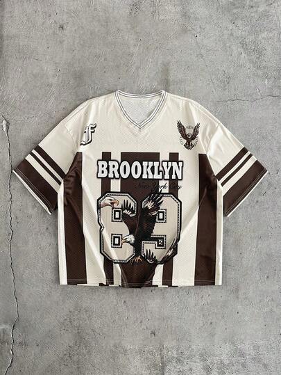 AXEPEAK 男士字母和老鹰印花V领休闲宽松T恤