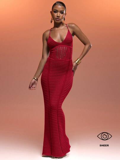 MUSERA Crochet Halter Neck Corset Panel Lace Up Back Maxi Dress Summer Holiday Sexy Ibiza Fits Spring Vacation Beach Elegant Sheer Goddess Night Out Winter Date Night Chic