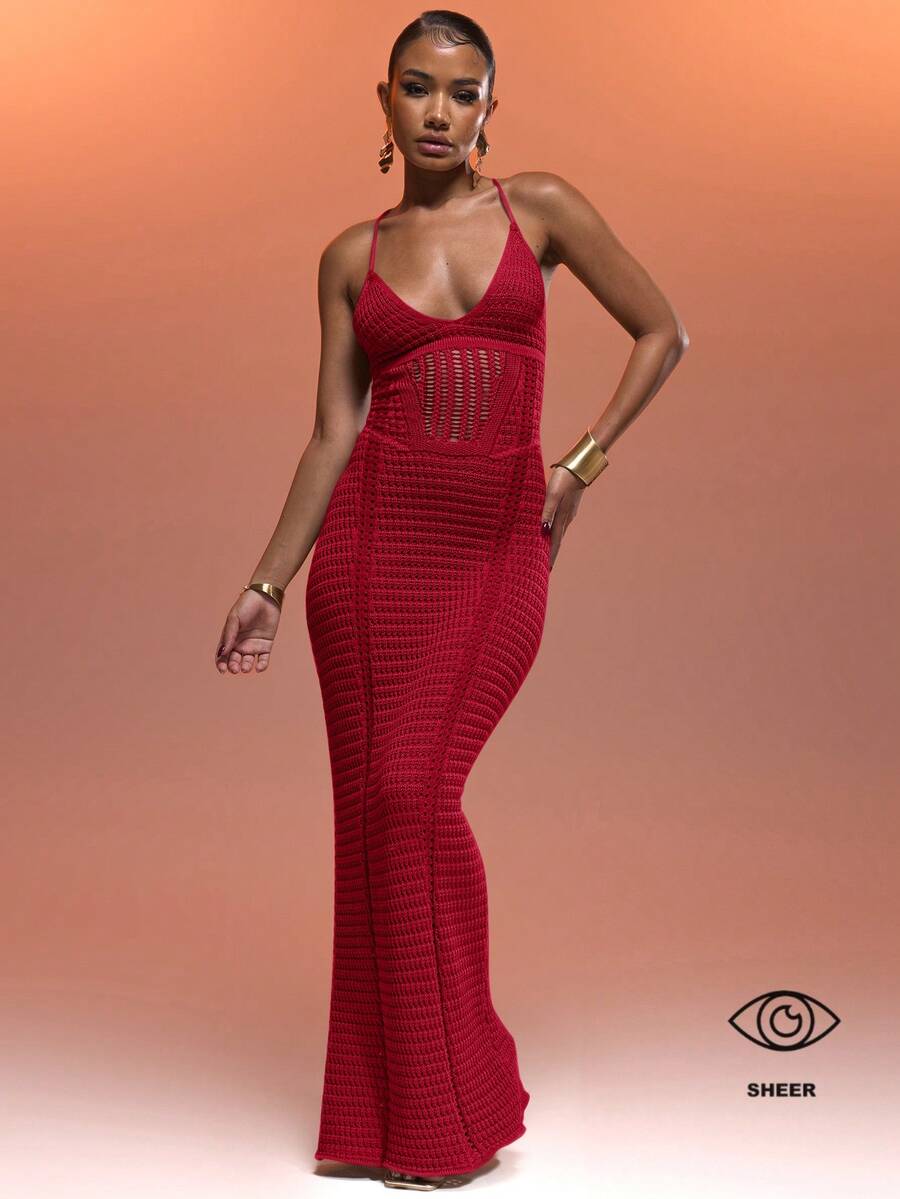 MUSERA 钩针编织露背吊带束身胸衣拼接系带长裙，夏季度假性感伊比沙岛风情，适合春季海滩度假，优雅透视女神夜生活，冬季约会之夜时尚有型 - 紅色 - 查看 1