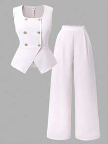 少女米色双排扣方领无袖露脐上衣+阔腿裤两件套，轻盈职场风西式时尚 - 白色 - 查看 8