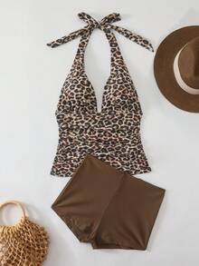 Swim Lushoire Dam sommarstrand leopardmönster halterneck trendig tankini baddräkt - Brun - Visa 1