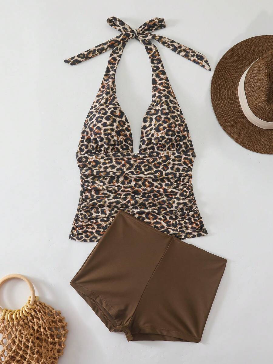 Swim Lushoire Dam sommarstrand leopardmönster halterneck trendig tankini baddräkt - Brun - Visa 1