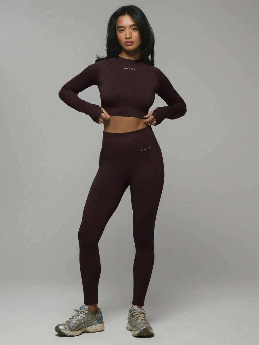 Musera Sport High Waisted Seamless Logo Activewear Leggings Workout Hiking Women Gym Fitness - Chocolate Brown - View 1