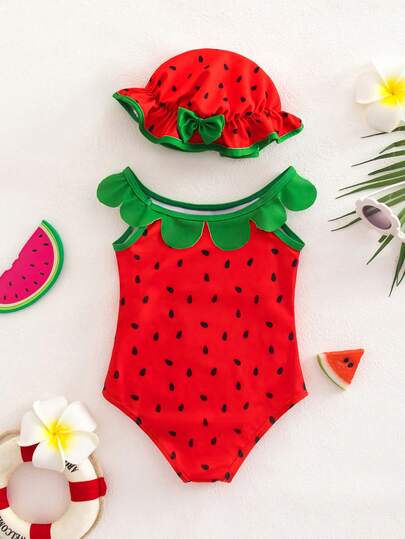 SHEIN Young Girls Watermelon Seed Print Swimsuit And Hat Set, Suitable For Outdoor Vacation, Swimming, Hot Spring, Beach, Surfing, Spring/Summer