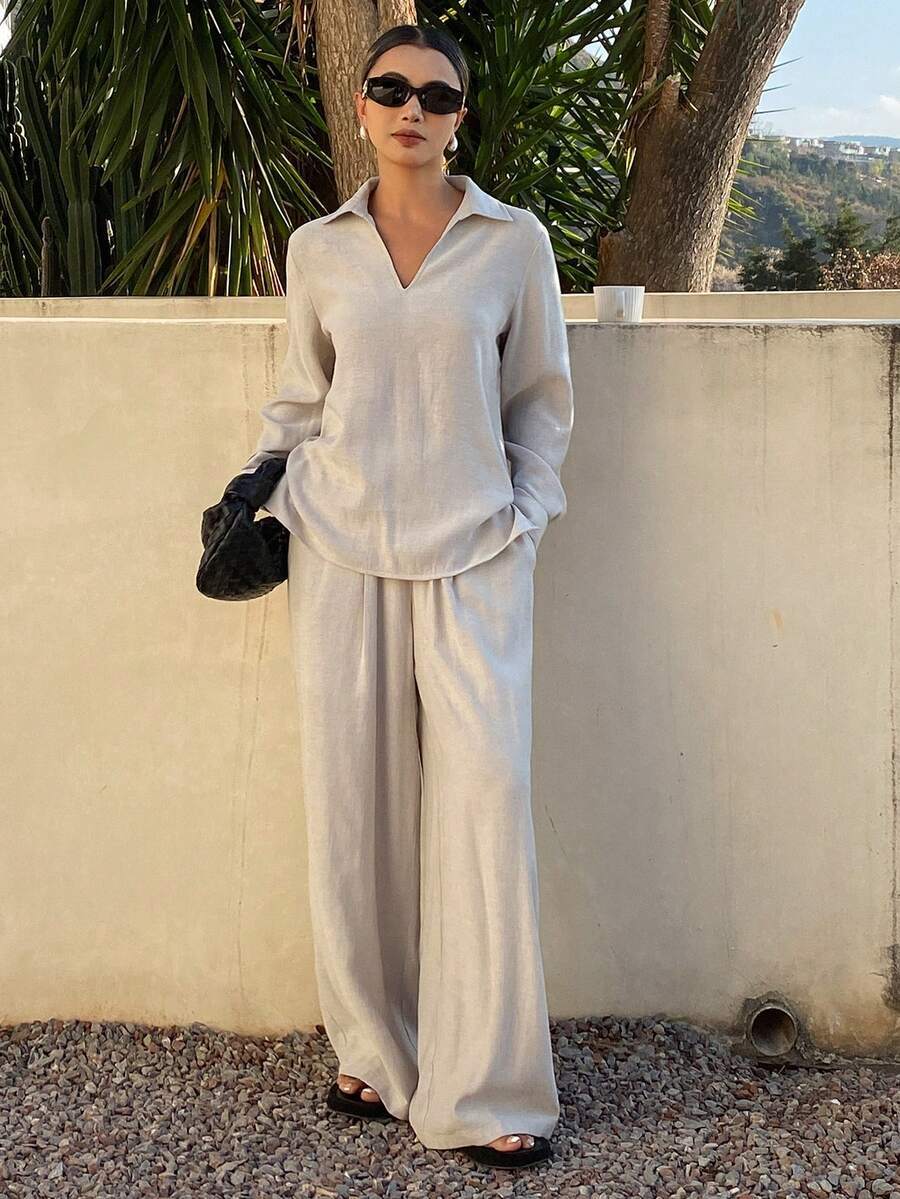 Livesso Spring/Summer Loose Business Casual Vacation Style Fashion Office Wear Street Long Sleeve Shirt & Straight Leg Casual Pants Set, Elegant Women 2-Piece Commuter Outfit Lounge Sets For Women