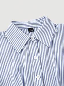 SHEIN MOD Áo sơ mi nữ kẻ sọc cổ điển, bèo nhún eo, thích hợp cho mùa xuân, đi làm, mặc thường ngày, áo công sở, áo sơ mi nữ thường ngày, áo kiểu kẻ sọc. - Xanh và trắng - Xem 5