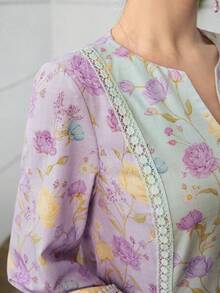 Yasmyna 浪漫花卉蕾丝拼接宽松时尚女式连衣裙 - 彩色 - 查看 4