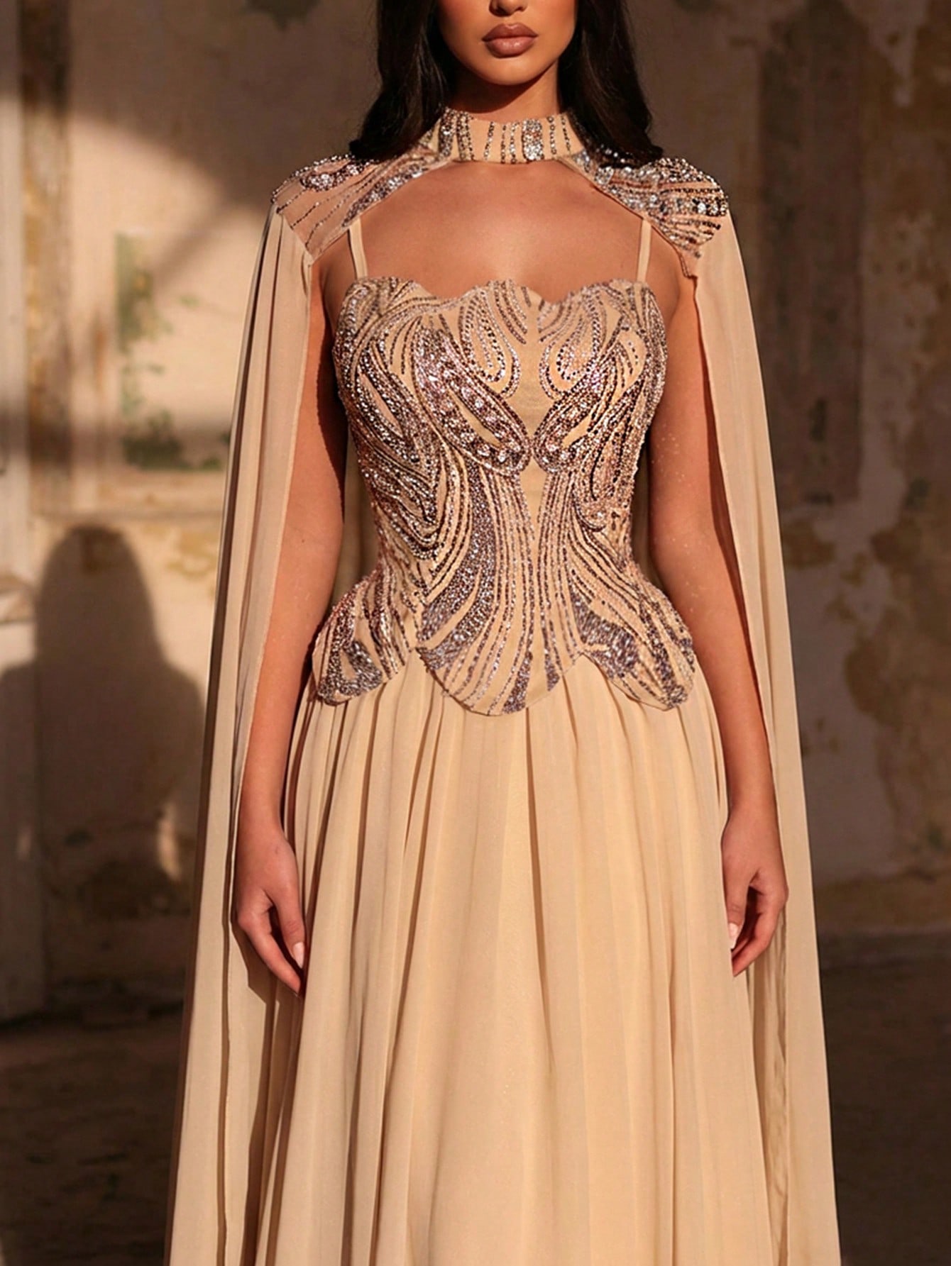 Glamrae فستان ماكسي مطرز بالخرز والترتر والشيفون ا...