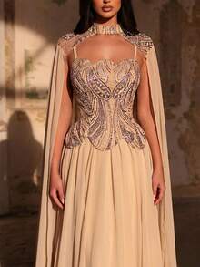 Glamrae Đầm maxi tay xòe sang trọng, đính cườm và sequin, chất liệu chiffon, thích hợp cho đám cưới, tiệc tùng, kỳ nghỉ, dạ hội và các dịp trang trọng (được trang trí cầu kỳ). - Rượu sâm banh - Xem 2