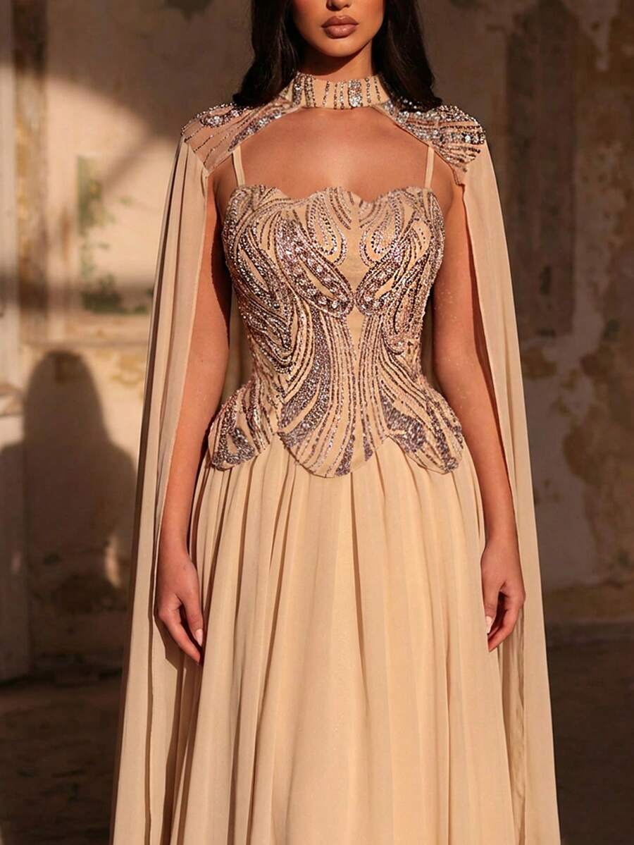 Glamrae Đầm maxi tay xòe sang trọng, đính cườm và sequin, chất liệu chiffon, thích hợp cho đám cưới, tiệc tùng, kỳ nghỉ, dạ hội và các dịp trang trọng (được trang trí cầu kỳ).