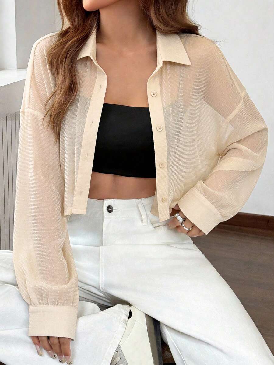 SHEIN EZwear 針織透視亮片網眼女款短版上衣外套 透視襯衫 透視上衣 網眼上衣 - 杏色 - 查看 1