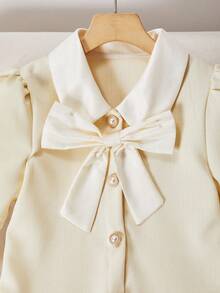 Tween Girl Casual Elegant Bow Decor Short Sleeve Pleated Hem Dress, Suitable For Spring/Summer - Apricot - View 6
