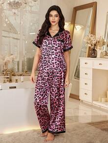 LuxeNights 撞色拼接豹纹仿丝睡衣套装 - 粉色 - 查看 4