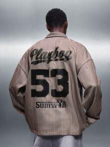 PLAYBOY X SUMWON Bunny Logo Ribbed Texture Long Sleeve Polo Shirt With Vertical Stripes And Number Print Regular Fit Collared Top - Multicolor - View 7