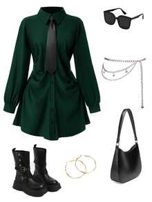 GlowEve CURVE 大码女式春秋季休闲/办公通勤灯笼袖腰部褶皱后背系带衬衫裙配围巾 - 墨綠色 - 查看 4