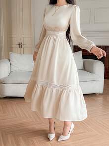 DAZY 女士优雅蕾丝拼接圆领泡泡袖长连衣裙，春夏连衣裙/吊带裙 - 杏色 - 查看 3