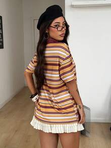 Coolane Women's 90s Retro Yellow Summer Chic Striped Oversized Lapel Short Sleeve Tees,Back-To-School School Casual Sportswear Renaissance Fair Khaki Brown - Yellow - View 5