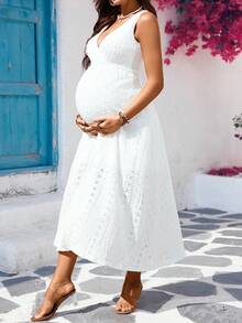 SHEIN Maternity Hollow Out Embroidery Overlap V-Neck Sleeveless Casual Dress, Summer Holiday Outfits , Summer Outfits, Summer Clothes