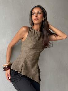 Aloruh Khaki Sleeveless Asymmetrical Shirt Top - Khaki - View 7