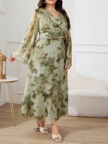 Modelyn 大码极简印花V领长袖连衣裙 - 咖啡棕 - 查看 5