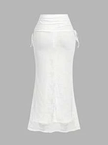 SHEIN MOD 高腰侧抽绳褶裥鱼尾下摆长款缎面女裙