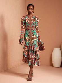 JIAN LASALA 全身印花网纱弹力高腰层叠式女士中长裙 度假休闲波西米亚风 - 彩色 - 查看 3