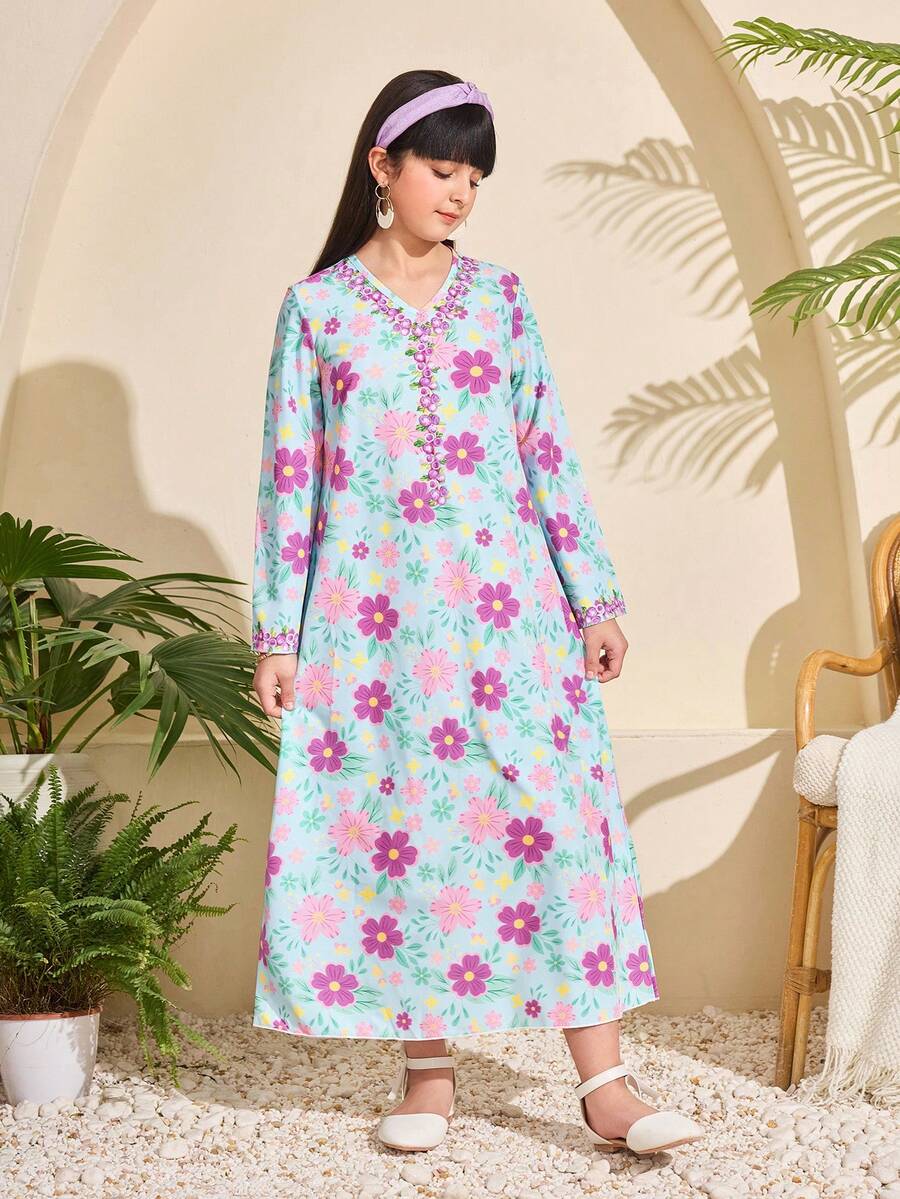 Girls' Floral Long-Sleeve Maxi Dress: Versatile For Casual Outings, Family Gatherings & Weekend Hangouts Soft Fabric, Flowy Fit, Vibrant Floral Print. Comfortable For Daily Wear, Birthday Parties Or Park Trips. Perfect For Big Kids Stylish, Breathable And Easy To Move In.