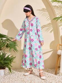 Girls' Floral Long-Sleeve Maxi Dress: Versatile For Casual Outings, Family Gatherings & Weekend Hangouts Soft Fabric, Flowy Fit, Vibrant Floral Print. Comfortable For Daily Wear, Birthday Parties Or Park Trips. Perfect For Big Kids Stylish, Breathable And Easy To Move In.
