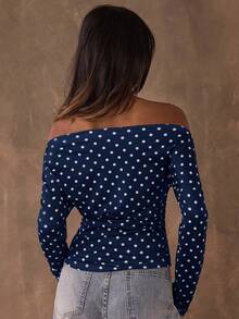 SHEIN BAE Women's Polka Dot Print Ruched Asymmetric Collar Long Sleeve T-Shirt - Navy Blue - View 2