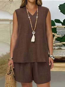 EMERY ROSE 2PC Plus Size Women's Summer Boho Vacation Chocolate Brown Solid V-Neck Sleeveless Shirt And Shorts Set,Casual Spring Break Outfits,2026 - Brown - View 3