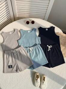 Loomiva Set de 6 piezas de chaleco y pantalones cortos de punto casual y lindo para bebé niño, paquete básico, para verano - Multicolor - Ver 3