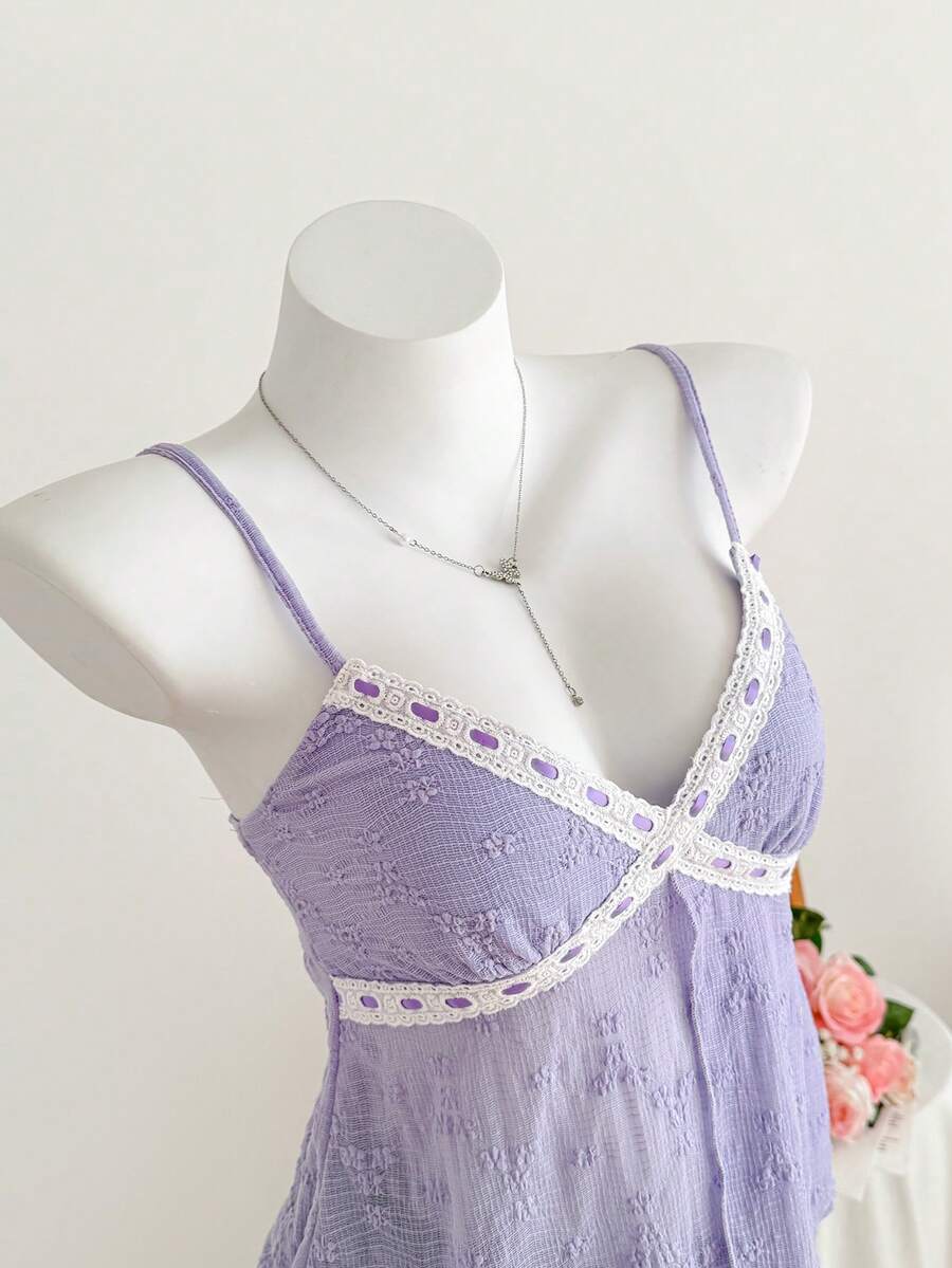 Comfortcana Áo hai dây thêu họa tiết lãng mạn thanh lịch dành cho nữ, phong cách cổ điển cho mùa hè - Màu tím hoa cà - Xem 1