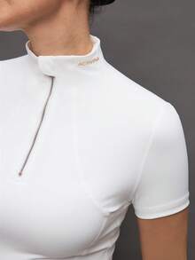 Activina Women's Stand Collar Solid Color Raglan Short Sleeve Fitted Equestrian Shirt - White - View 7