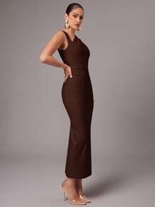 Silquee Vestido ajustado de unicolor con cuello asimétrico y drapeado, elegante - Café integral - Ver 6