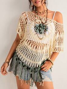 Freevana 大码手工钩编流苏罩衫，波西米亚风镂空针织短袖上衣，宽松轻薄度假外套，轻盈镂空罩衫 - 軍綠色 - 查看 6