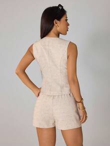 SHEIN PETITE Women's Summer Two Pieces Set Elegant Khaki Linen Tweed Vest & Shorts,Single-Breasted Curve Neck Business Casual Work Outfits For Brunch & Office ,Petite Women - Multicolor - View 2
