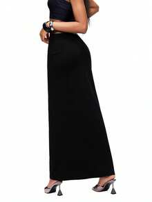 TypaGal Y2K Sexy Black Edgy Chic  Modern Rebel Wild  Women's Rhinestone Letter Graphic Drawstring Stick Diamond Waist Long Casual Skirt Spring Summer Valentine's Day Wedding  Going Out - Black - View 2