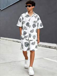 Vacaura 2件套青少年男童热带植物印花休闲衬衫裤套装，时尚百搭，适合日常穿着和轻度社交场合，春夏款 - 白色 - 查看 1